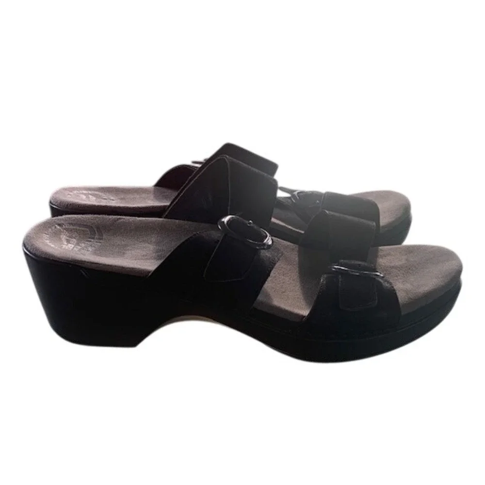 Dansko Leather Double Strap Comfort Slide Sandals Black Wedge EU 43 Clogs